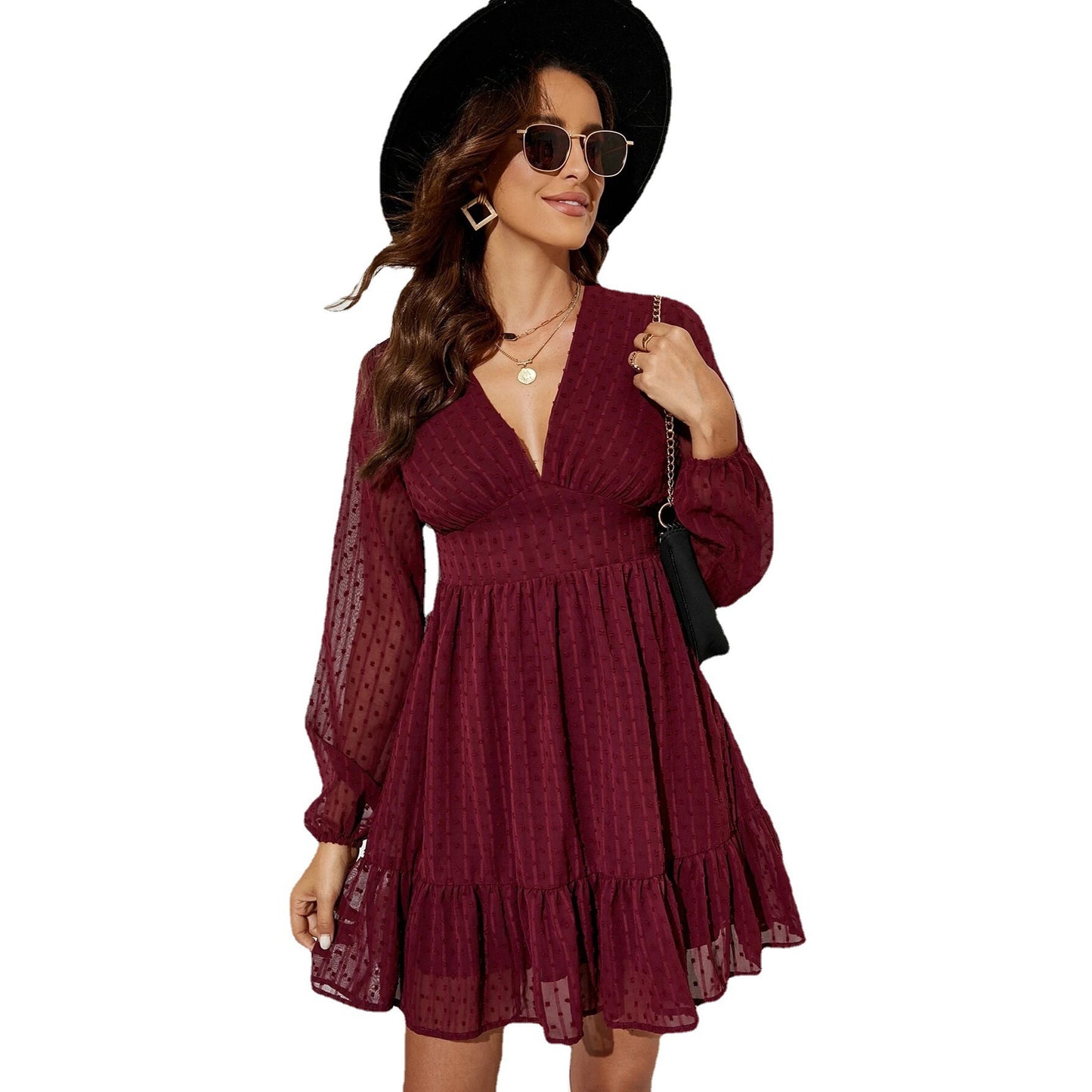 Long Sleeve V-Neck High Waist Dress