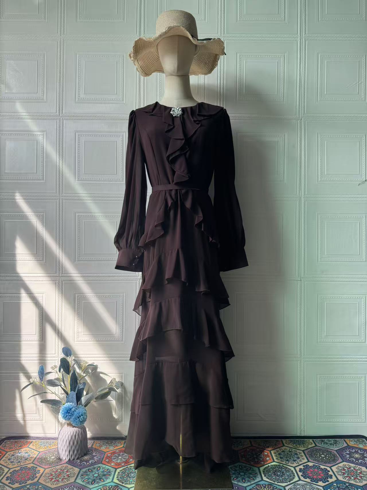 Elegant Ruffled Long-sleeve Waist-cinched Maxi Dress