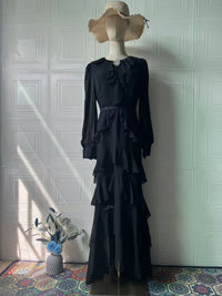 Elegant Ruffled Long-sleeve Waist-cinched Maxi Dress