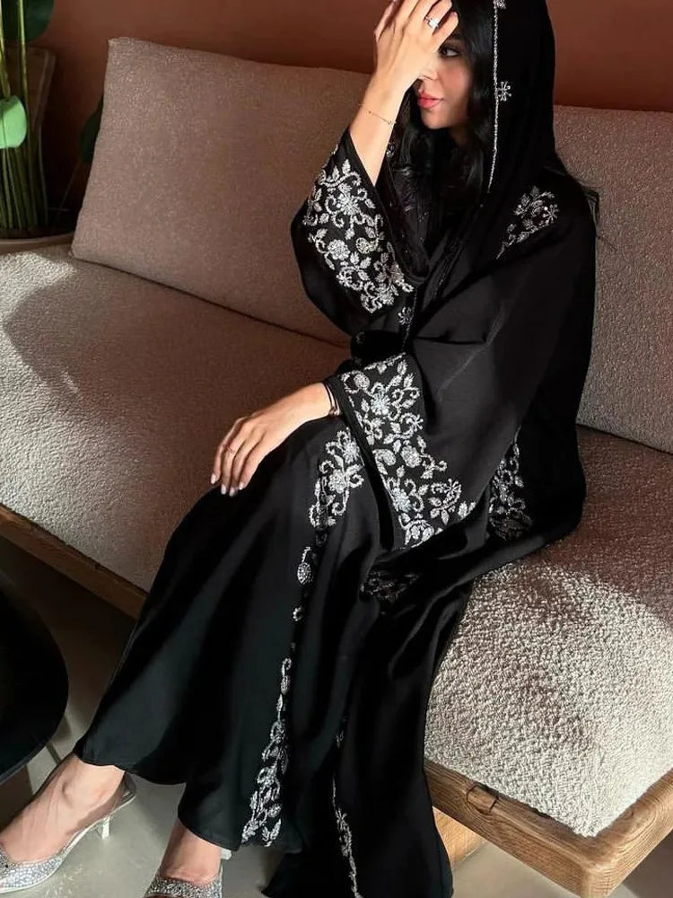 Luxury Abaya Embroidered Sequin Evening Abaya Long Sleeve Modest Abaya Middle Eastern Black Gown Hijab Friendly Party Wear
