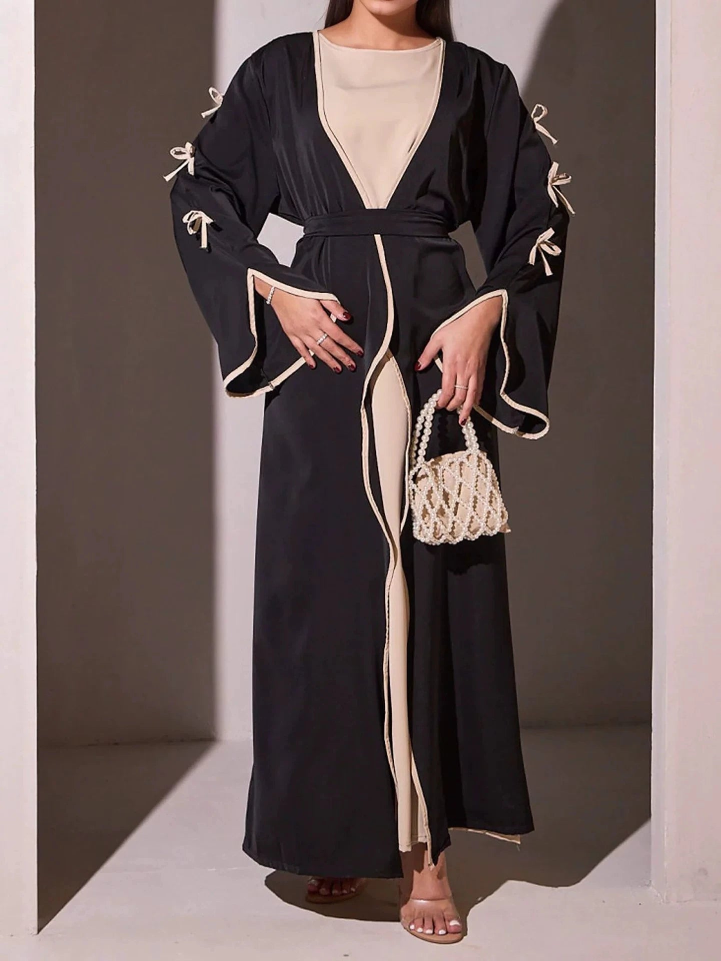 Ladies' Arab Long Gown with Bow Knot Soft Comfortable Casual Solid Color Outer Dress with Belt