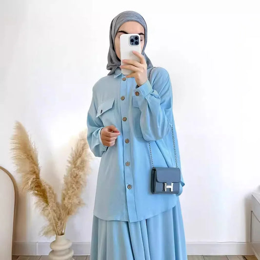 2-Piece Long Sleeve Shirt and Skirts Set for Women Elegant Abaya Dubai Turkey Islamic Casual Tops Monochromatic Skirt Fashion
