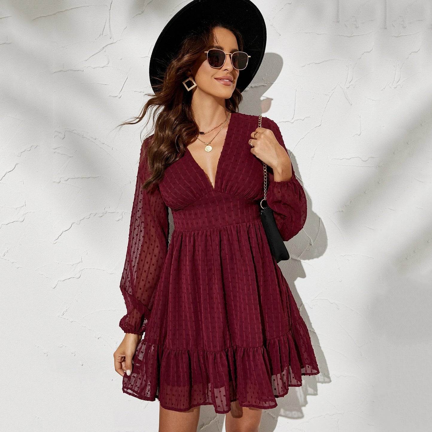 Long Sleeve V-Neck High Waist Dress