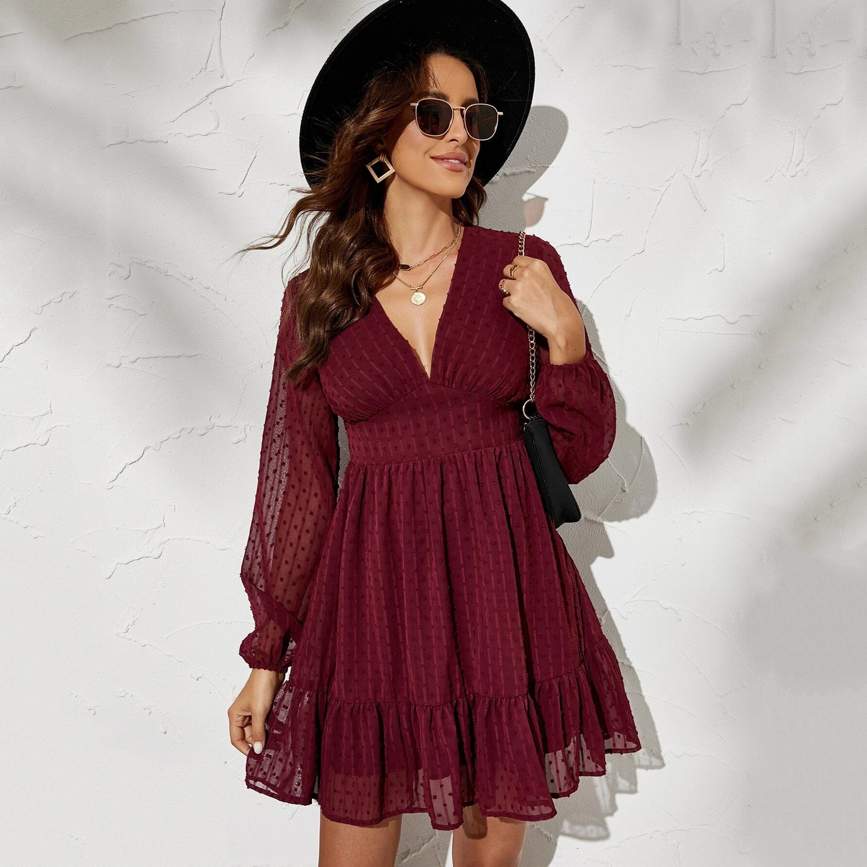 Long Sleeve V-Neck High Waist Dress