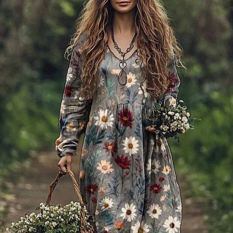 New Long Sleeve Dress Floral Bohemian Maxi Skirt Print
