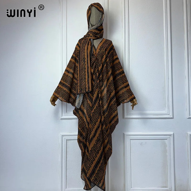 WINYI Fashion dress Chiffon v-neck with scarf Long Femme abaya dubai luxury Autumn Party Elegant Dress muslim women clothing