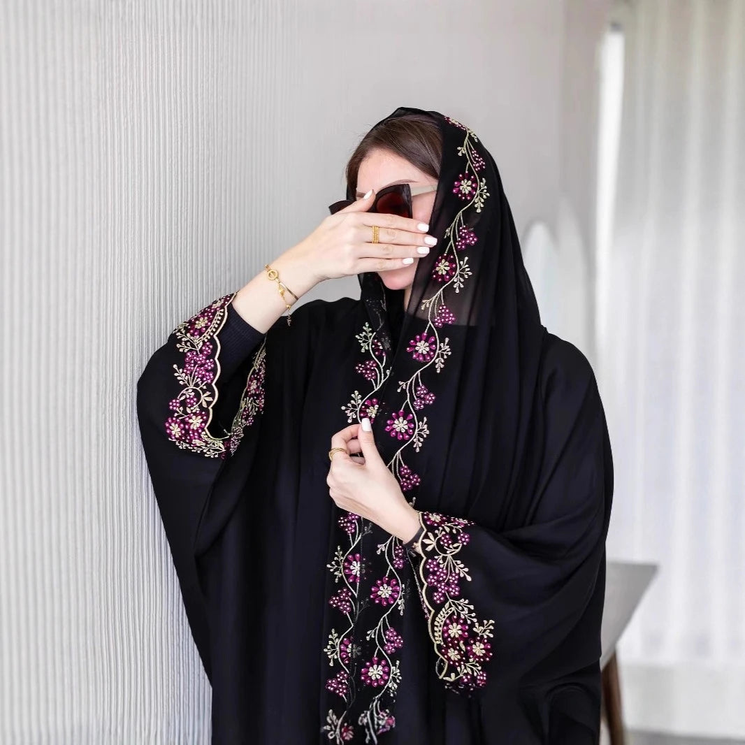 Women Jalabiya Dubai Abaya Eid Ramadan Party Gorgeous Long Dresses Embroidery Beads Diamond Abaya Women Muslim Dress with Scarf