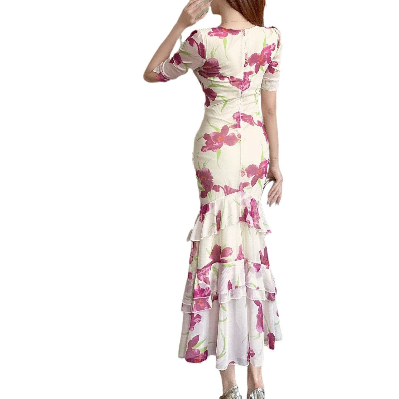 V-neck Mesh Printed Short-sleeve Maxi Slip Dress