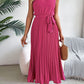 Women's Elegant Stand Collar Sleeveless Tie Waist Pleated Maxi Dress