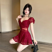 Flutter Sleeve Lace Hollow-Out Maxi Dress Petticoat