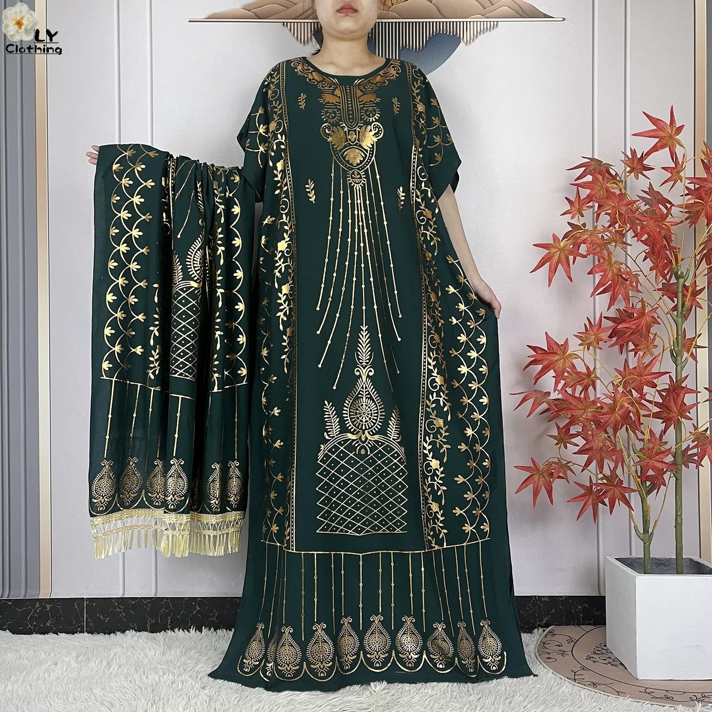 New ALFO  Muslim Summer Short Sleeve Robe Gold Stamping Boubou Maxi Women Femme Loose Dress With Big Scarf African Abaya Clothes