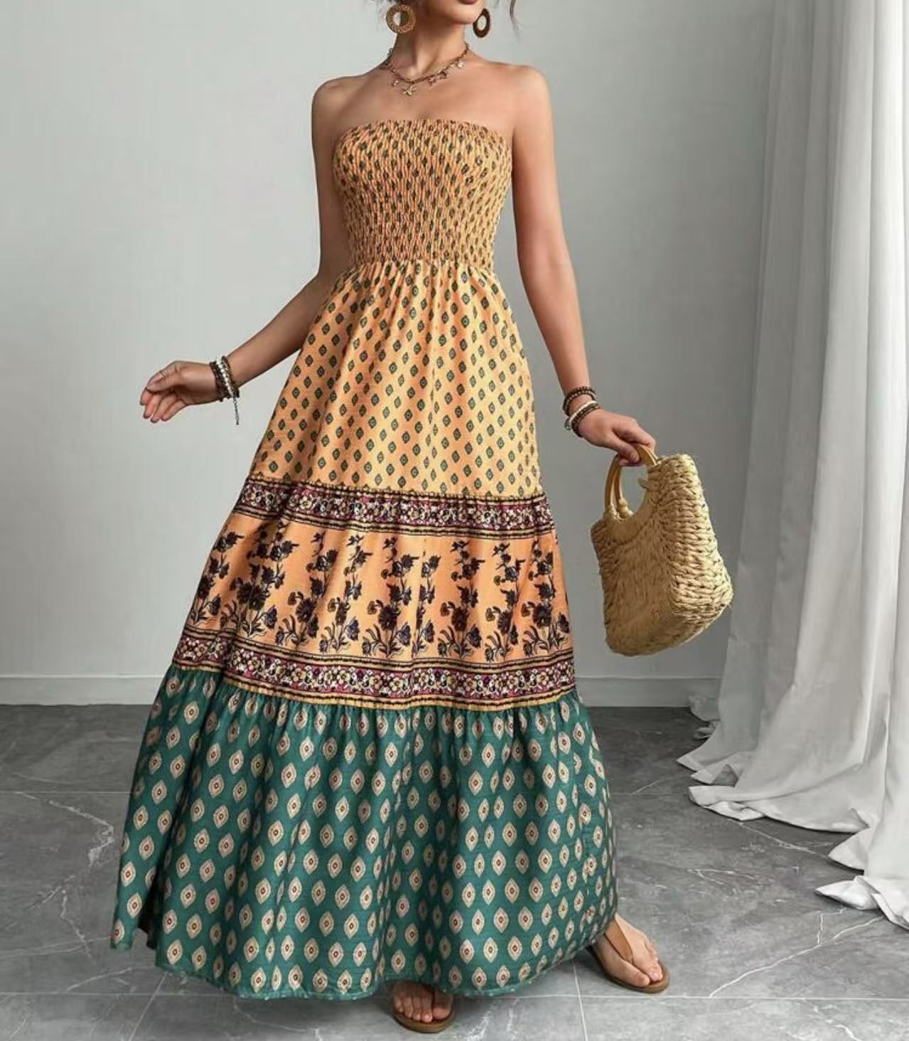 Womens Vacation Strapless Maxi Dress
