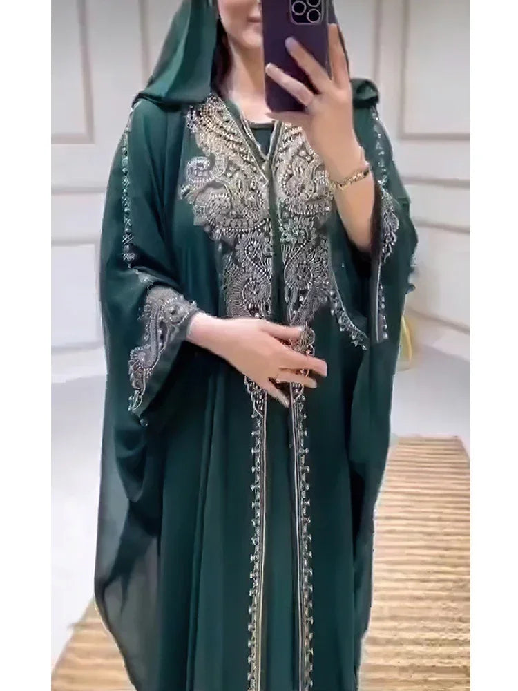 ALFO Muslim Dress for Women Hooded Abaya 2 Piece Set Diamond Jalabiya Morocco Party Dresses Dubai Abayas Kaftan Vestido Long Robe
