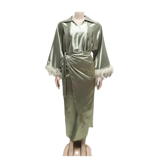 Clothes for Muslim Women Spring Summer Muslim Women 3/4 Sleeve V-neck Top Long Skirt Matching Sets Outfits Dubai Abaya M-2XL