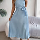Women's Elegant Stand Collar Sleeveless Tie Waist Pleated Maxi Dress