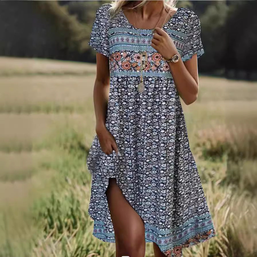 Women's Round Neck Short Sleeve Maxi Dress Bohemian Print Dress