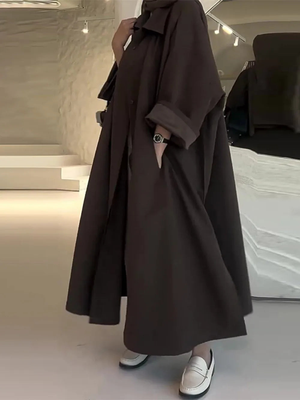 Eid Muslim Women Abaya Trench Coat Single Breasted Lapel Overcoat Ramadan Morocco Dubai Windbreaker Arab Casual Long Outerwear