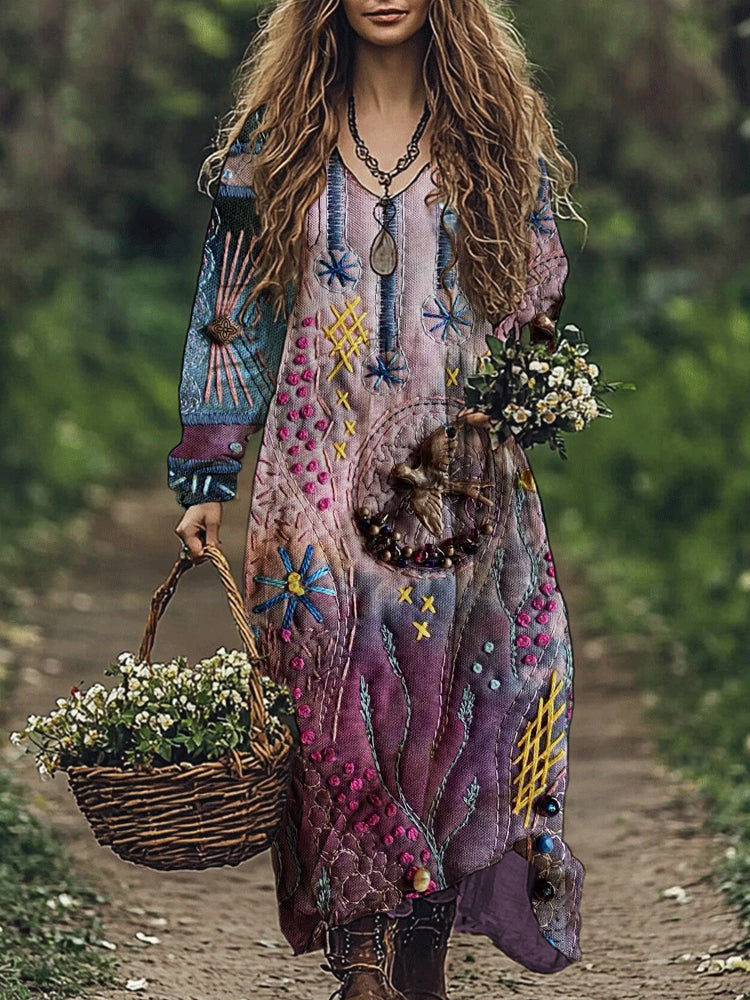 New Long Sleeve Dress Floral Bohemian Maxi Skirt Print