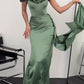 Green Off-shoulder Pleated Maxi Evening Dress