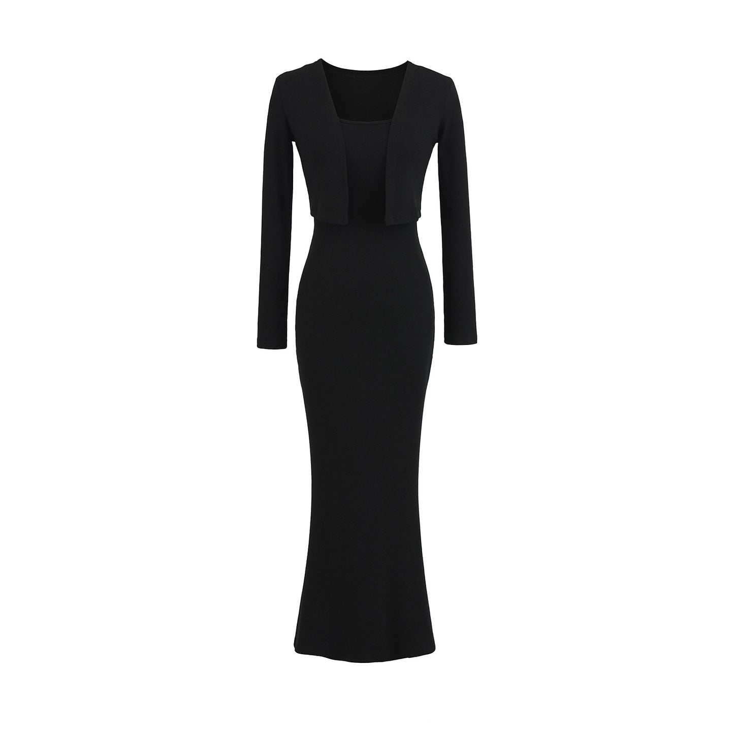Strap Fish-tail Maxi Dress With Long-sleeve Cardigan A Sassy Two-piece Set For Women