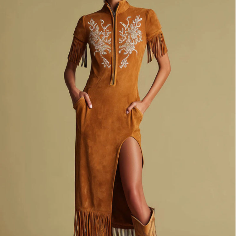 Western Retro Embroidered Brown Fringe Maxi Dress