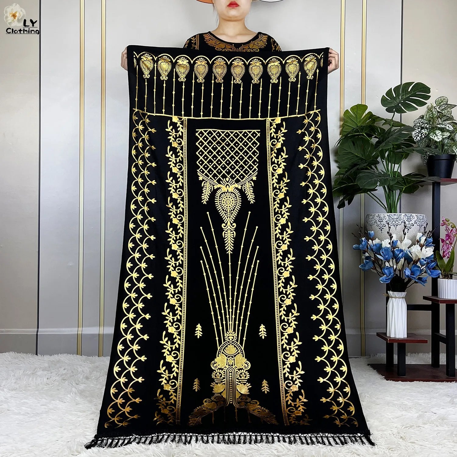 New ALFO  Muslim Summer Short Sleeve Robe Gold Stamping Boubou Maxi Women Femme Loose Dress With Big Scarf African Abaya Clothes