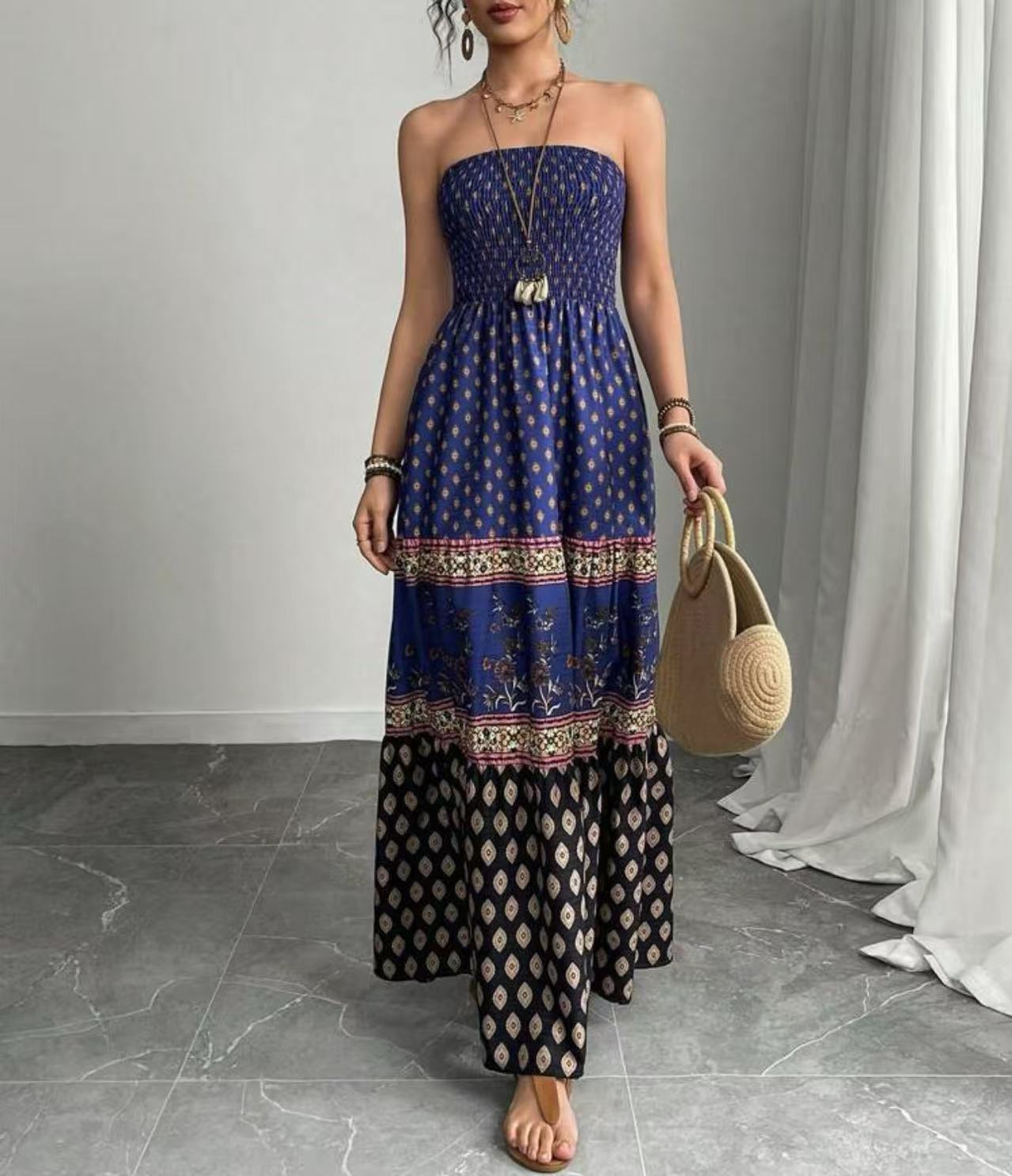 Womens Vacation Strapless Maxi Dress