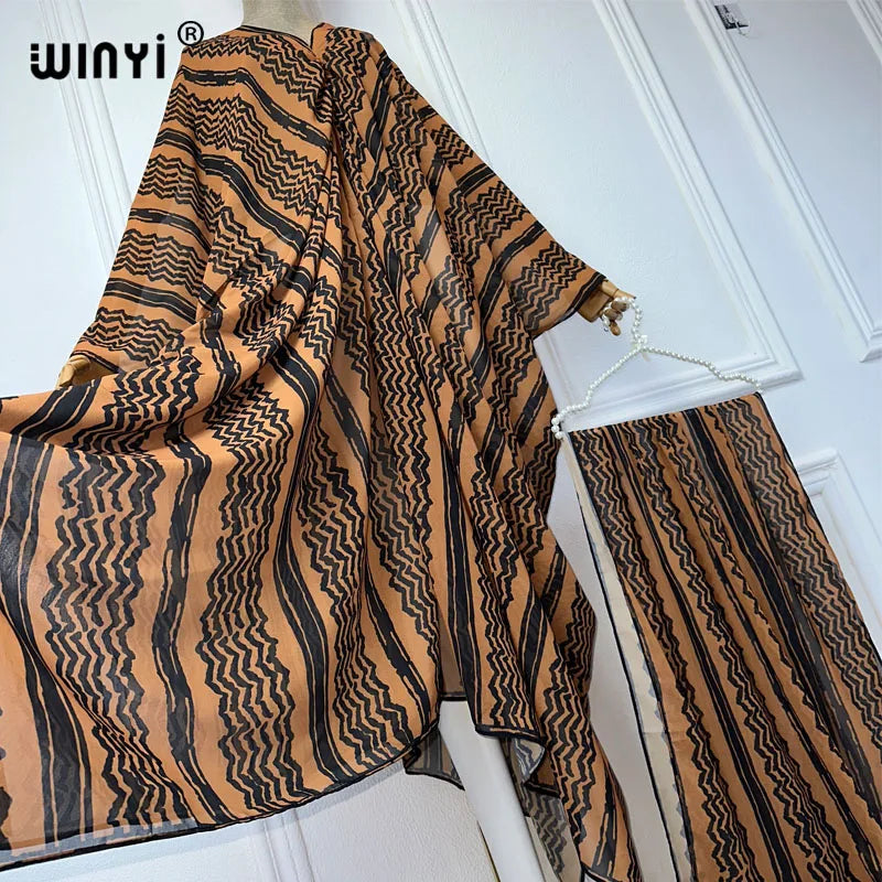 WINYI Fashion dress Chiffon v-neck with scarf Long Femme abaya dubai luxury Autumn Party Elegant Dress muslim women clothing