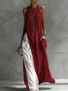 Women Strappy Maxi Dress A-line Vest Type Color Block Summer Beach Dress Loose Casual Halter Neck Pocket Side Split Long Dresses