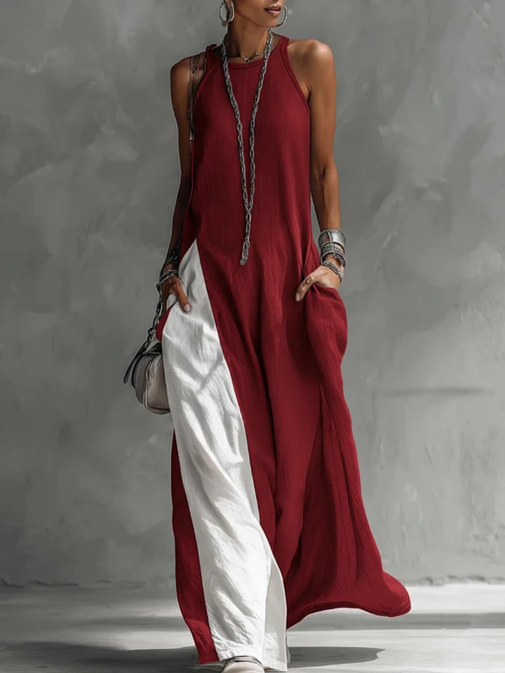 Women Strappy Maxi Dress A-line Vest Type Color Block Summer Beach Dress Loose Casual Halter Neck Pocket Side Split Long Dresses