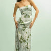 Floral Print Split Slit Silk Sleeveless Maxi Dress With Waist Tie For Women