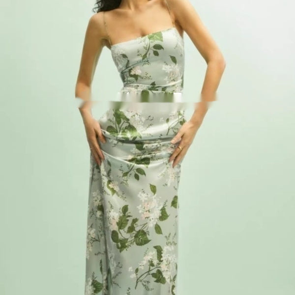 Floral Print Split Slit Silk Sleeveless Maxi Dress With Waist Tie For Women