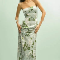 Floral Print Split Slit Silk Sleeveless Maxi Dress With Waist Tie For Women