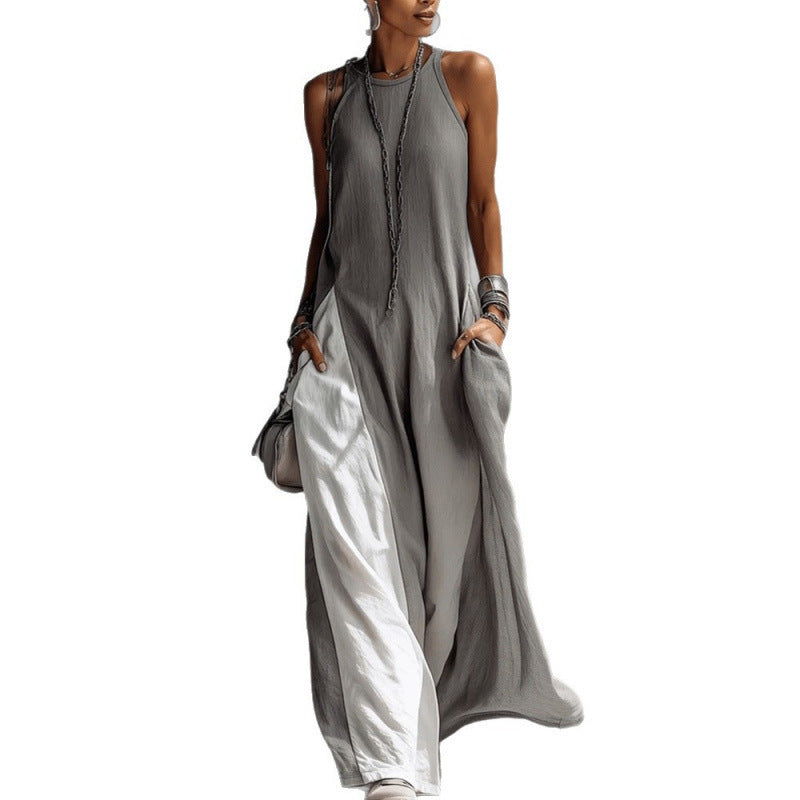 Women Strappy Maxi Dress A-line Vest Type Color Block Summer Beach Dress Loose Casual Halter Neck Pocket Side Split Long Dresses