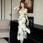 V-neck Mesh Printed Short-sleeve Maxi Slip Dress