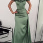 Green Off-shoulder Pleated Maxi Evening Dress