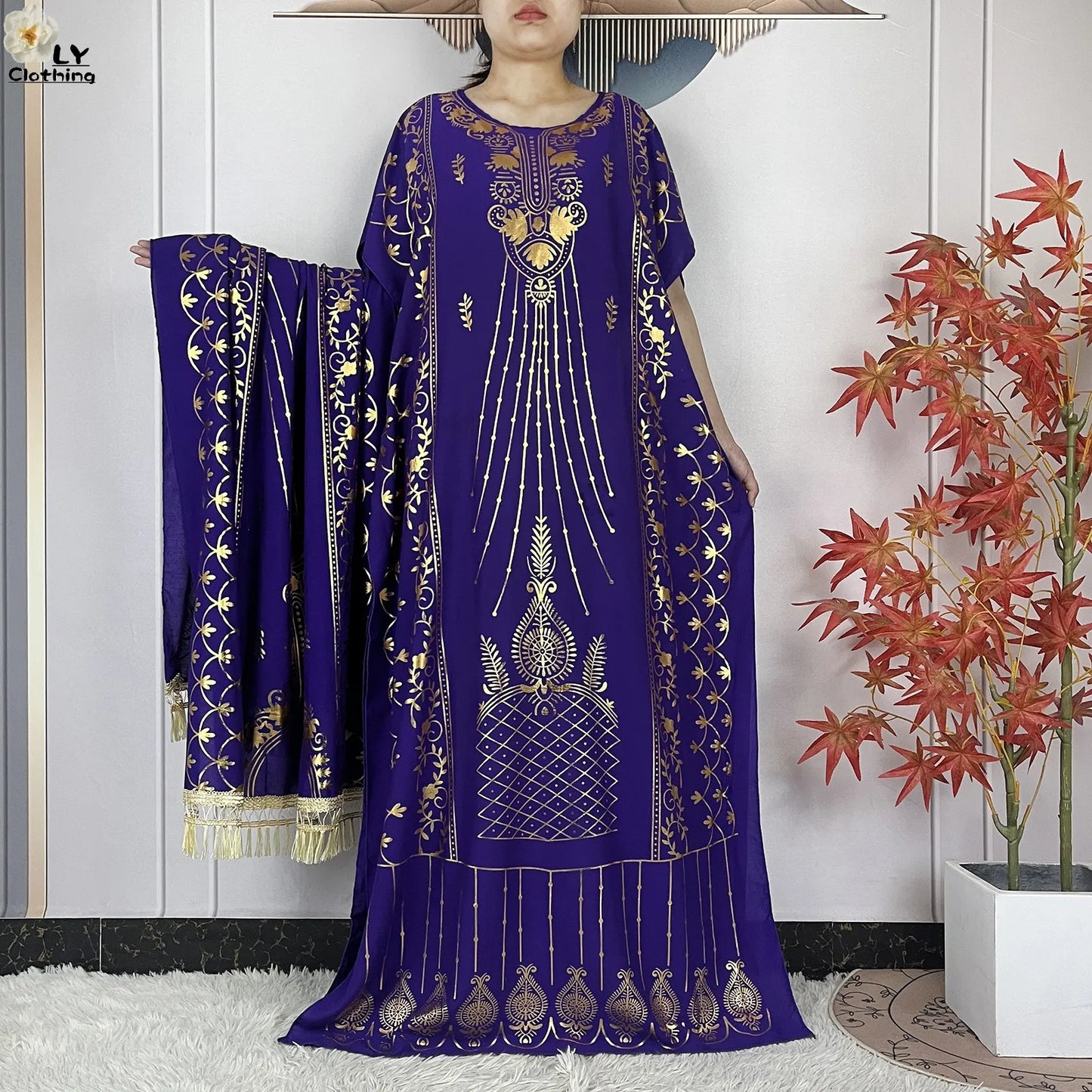 New ALFO  Muslim Summer Short Sleeve Robe Gold Stamping Boubou Maxi Women Femme Loose Dress With Big Scarf African Abaya Clothes