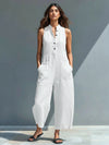 Women's Linen Blend Buttoned Collar Sleeveless Dress