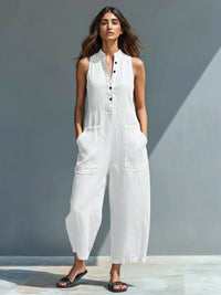 Women's Linen Blend Buttoned Collar Sleeveless Dress