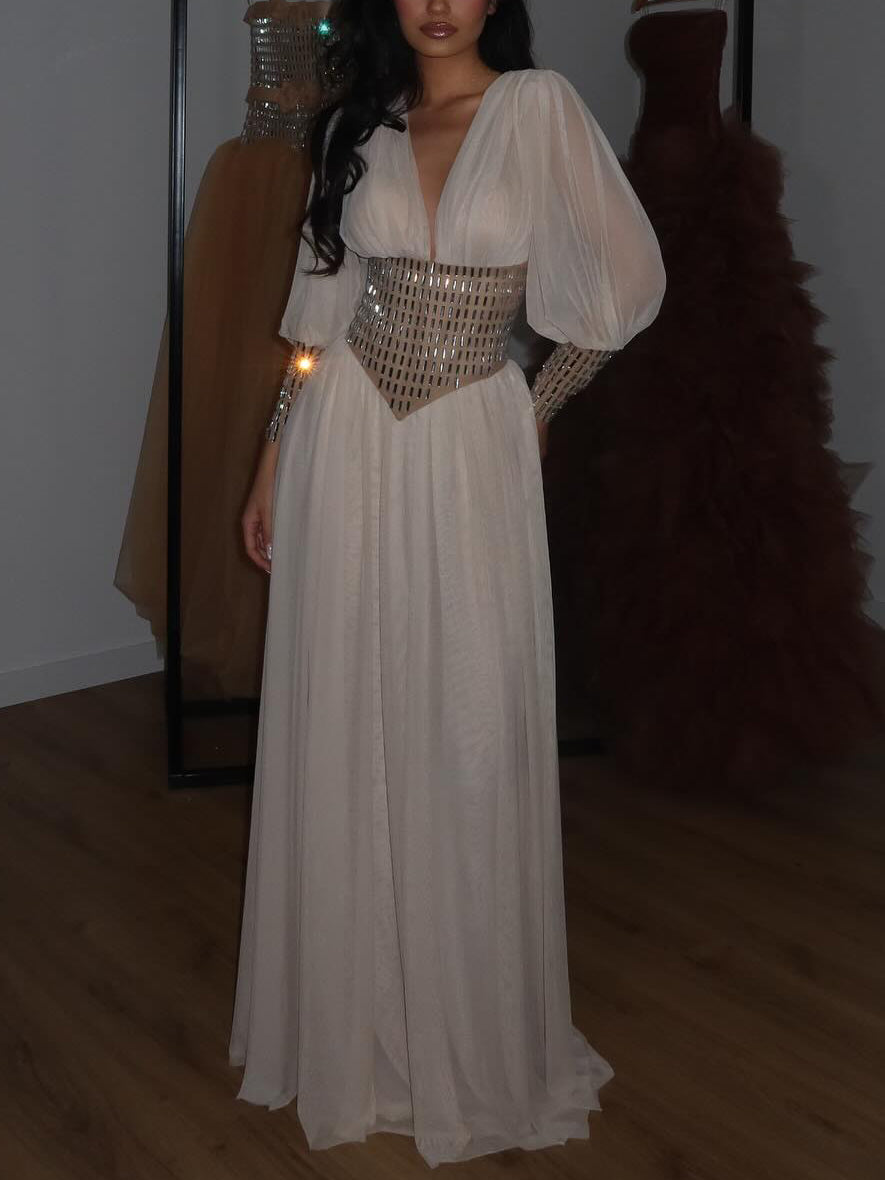 Deep V Long Sleeve Diamond Waist Maxi Dress