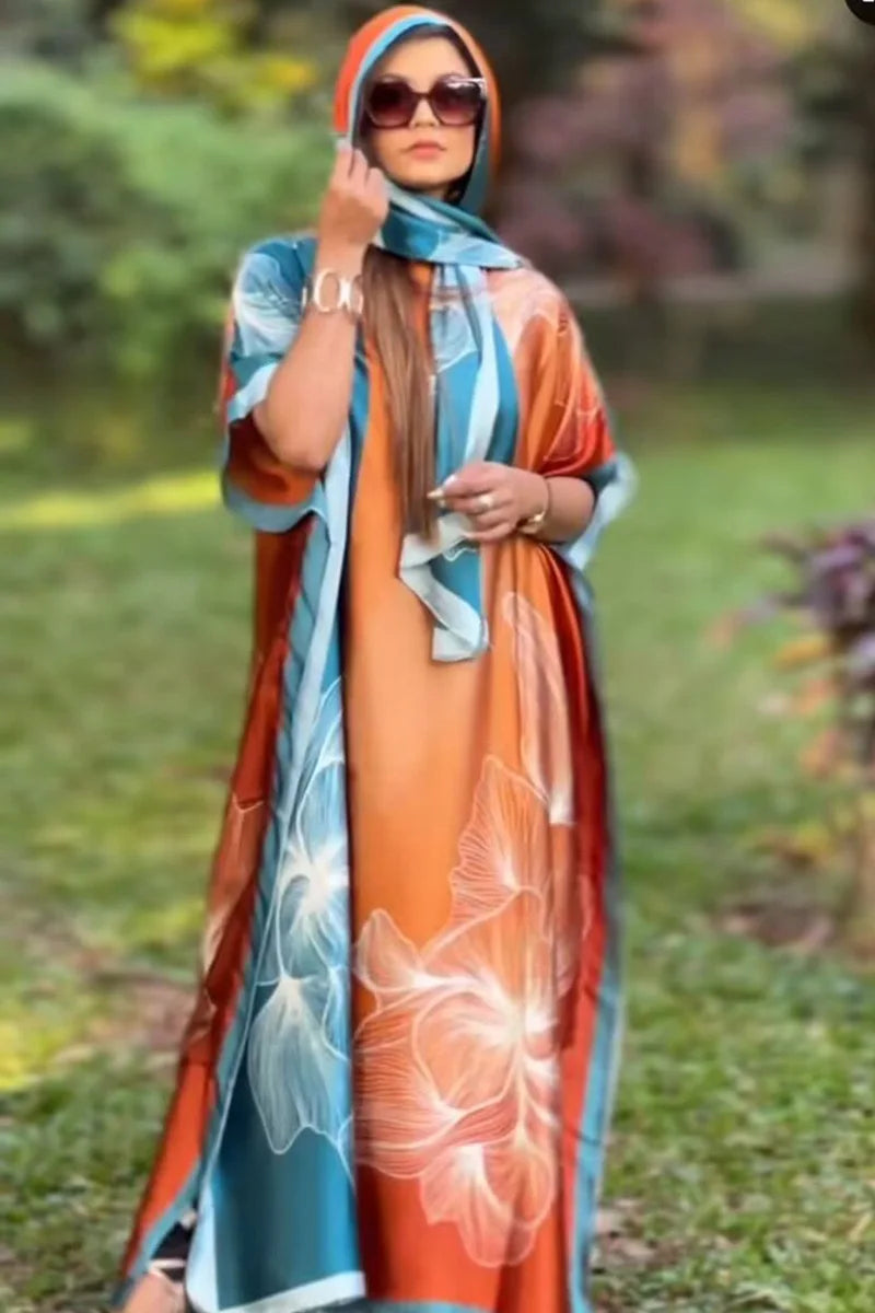 African Dresses For Women Plus Size Summer Boho Silk Printed Muslim Hijab Kaftan Dress Middle East Traditional Lady beach Abaya