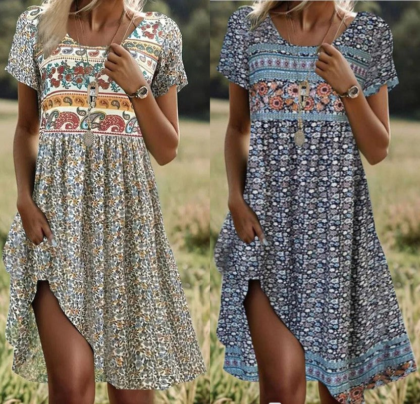 Women's Round Neck Short Sleeve Maxi Dress Bohemian Print Dress