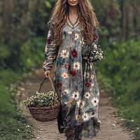 New Long Sleeve Dress Floral Bohemian Maxi Skirt Print