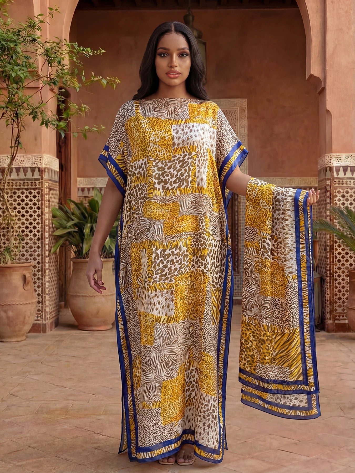 NEW Fashion Summer Dress With Big Scarf Dubai Turkey Kaftan Muslim Loose Abaya Women African Casual Leopard Print Shawl Robe