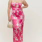 Floral Print Split Slit Silk Sleeveless Maxi Dress With Waist Tie For Women