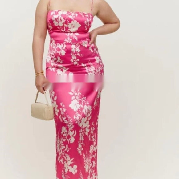 Floral Print Split Slit Silk Sleeveless Maxi Dress With Waist Tie For Women