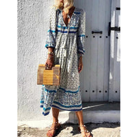 Deep V Print Long Sleeve Maxi Dress