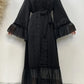Eid Muslim Black Abaya for Women Djellaba Morocco Dress Dubai Embroidery Flare Sleeve Lace Abayas Dubai Islam Robe with Belt