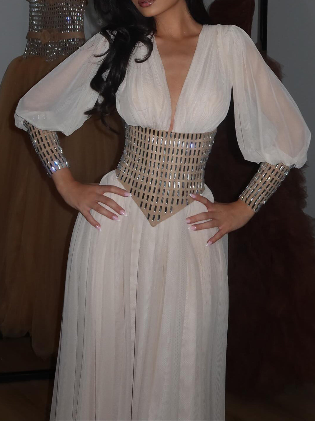 Deep V Long Sleeve Diamond Waist Maxi Dress
