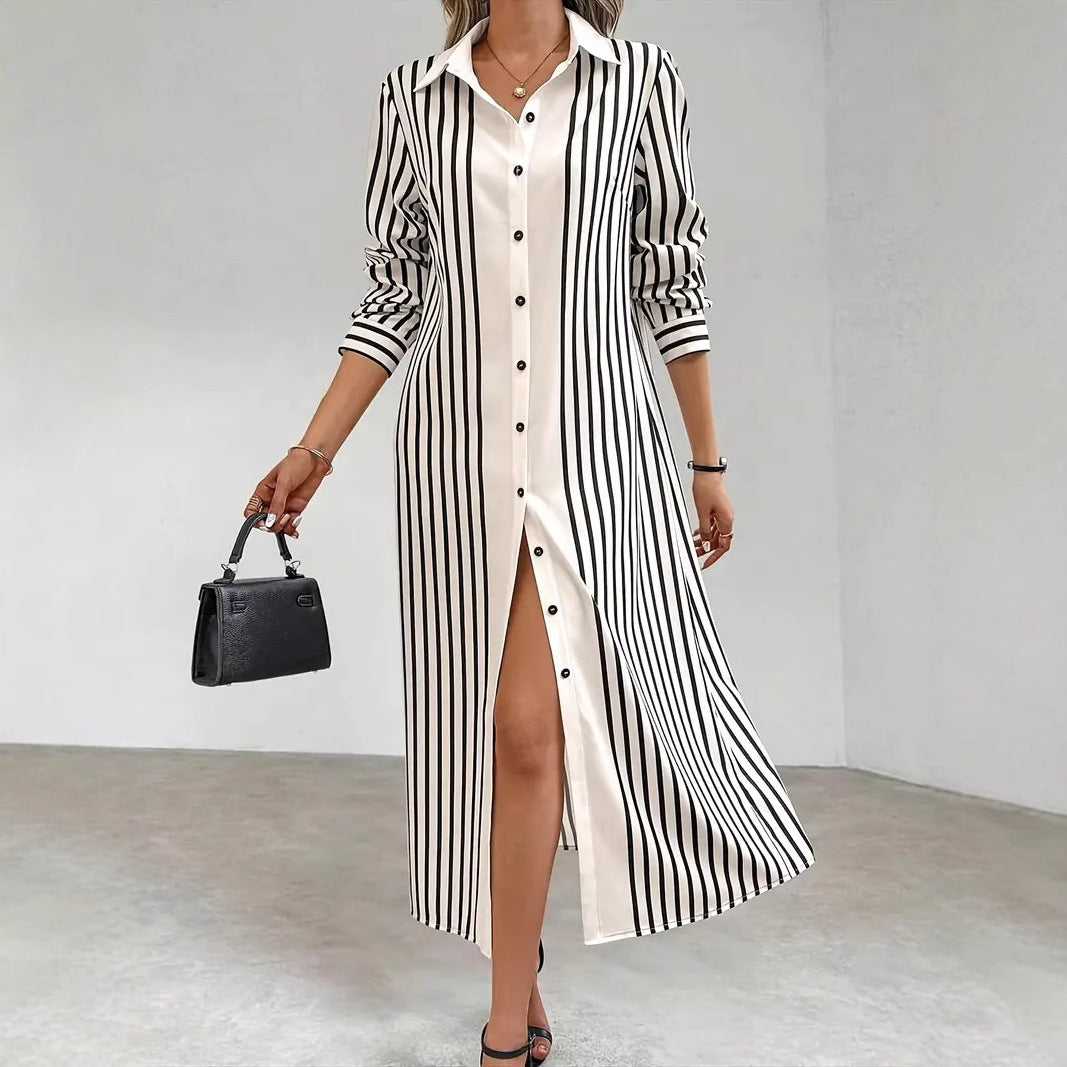 Women's Long Sleeve Striped Print Maxi Dress With Lapel